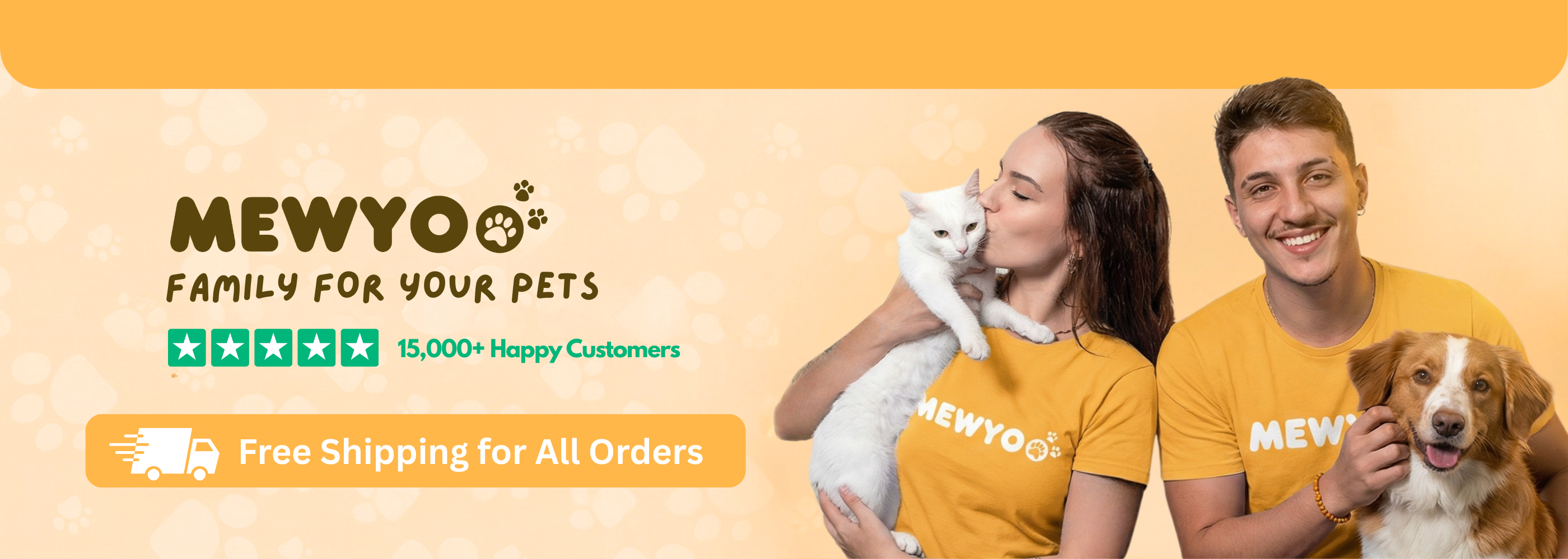 Two people holding their pets happily with 'MEWYOO' branding on a orange background
